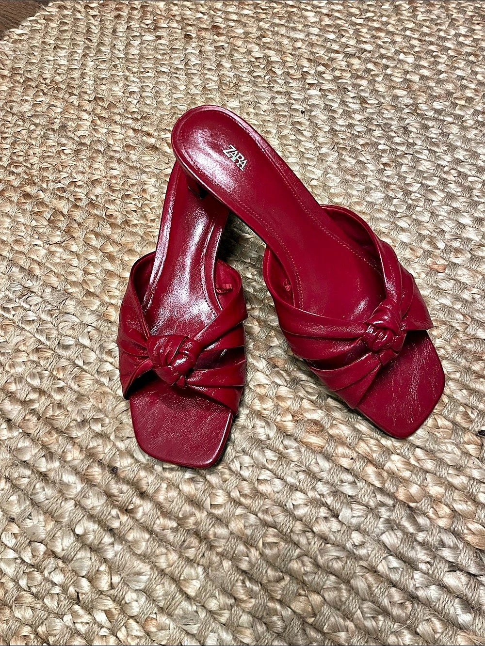 ZARA Knotted Leather Mule Sandals Red Heels